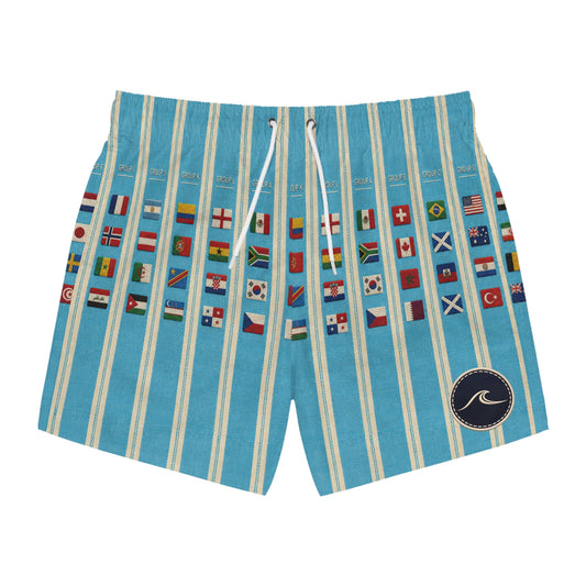 Surfache World Cup Groups 2026- Flags Swim Trunks — Retro Striped Vacation Boardshorts