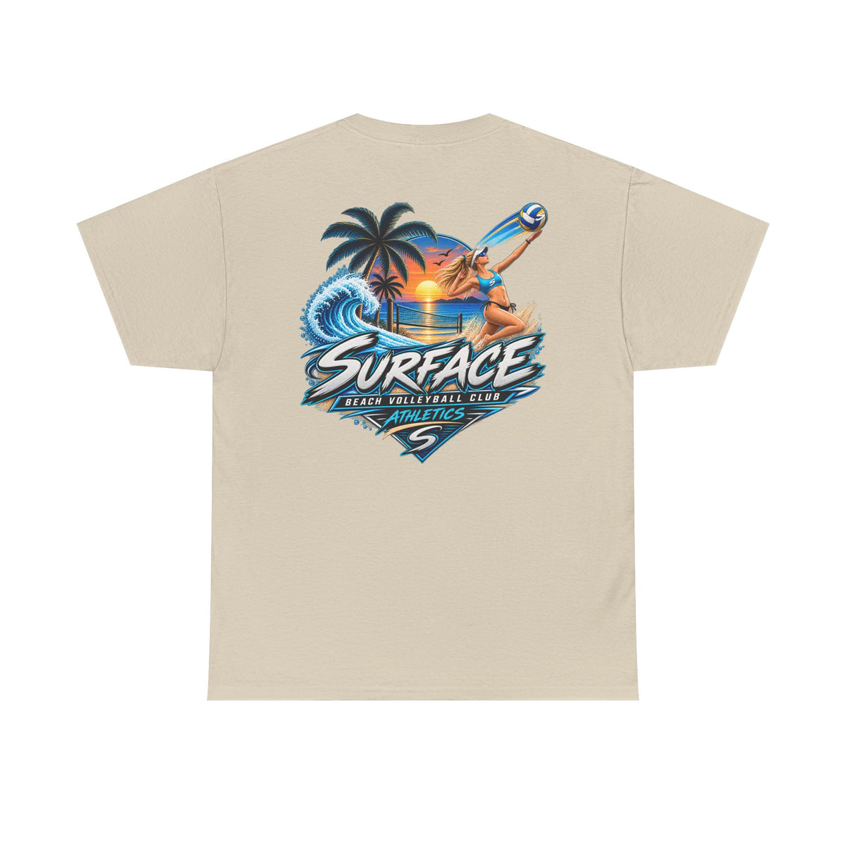 Surface Beach Volleyball Tee — Sunset Wave Palm Graphic T‑Shirt