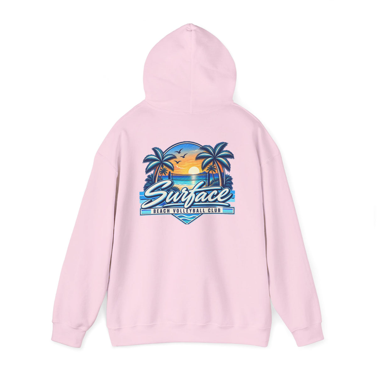 Surface Beach Club Hoodie — Retro Palm Sunset Surf Graphic