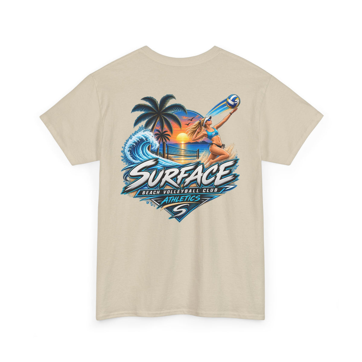 Surface Beach Volleyball Tee — Sunset Wave Palm Graphic T‑Shirt