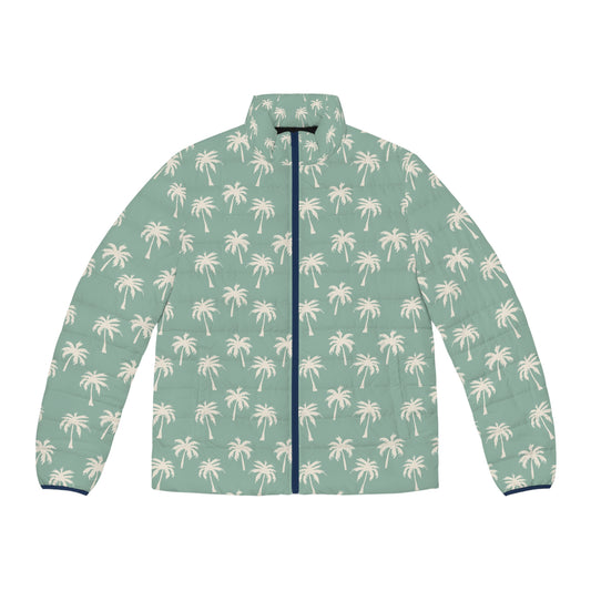 Palm Pattern Puffer Jacket — Green Tropical Print Men’s Puffer