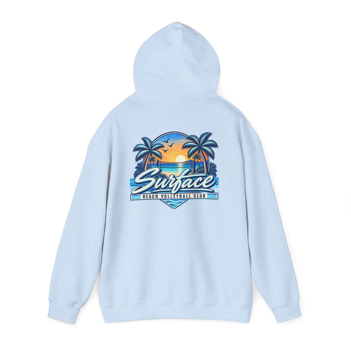 Surface Beach Club Hoodie — Retro Palm Sunset Surf Graphic