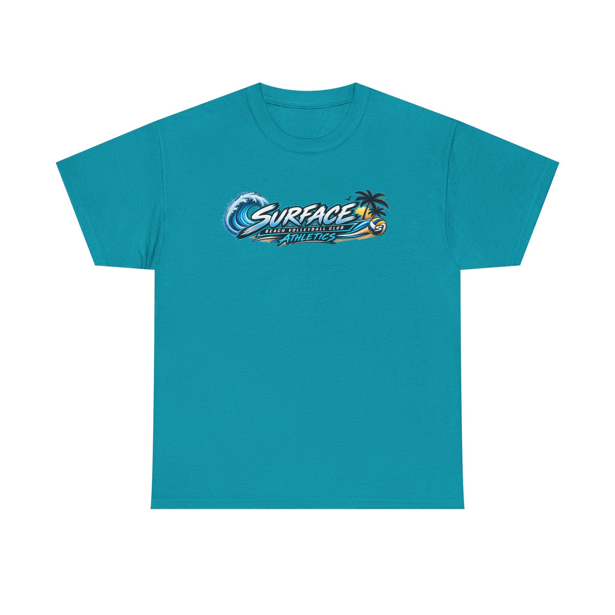 Surface Beach Volleyball Tee — Sunset Wave Palm Graphic T‑Shirt