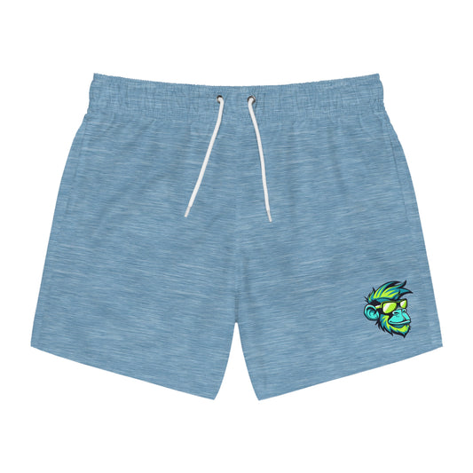 Blue Heather Swim Trunks with Tropical Parrot Patch — Men's Beach Swim Shorts