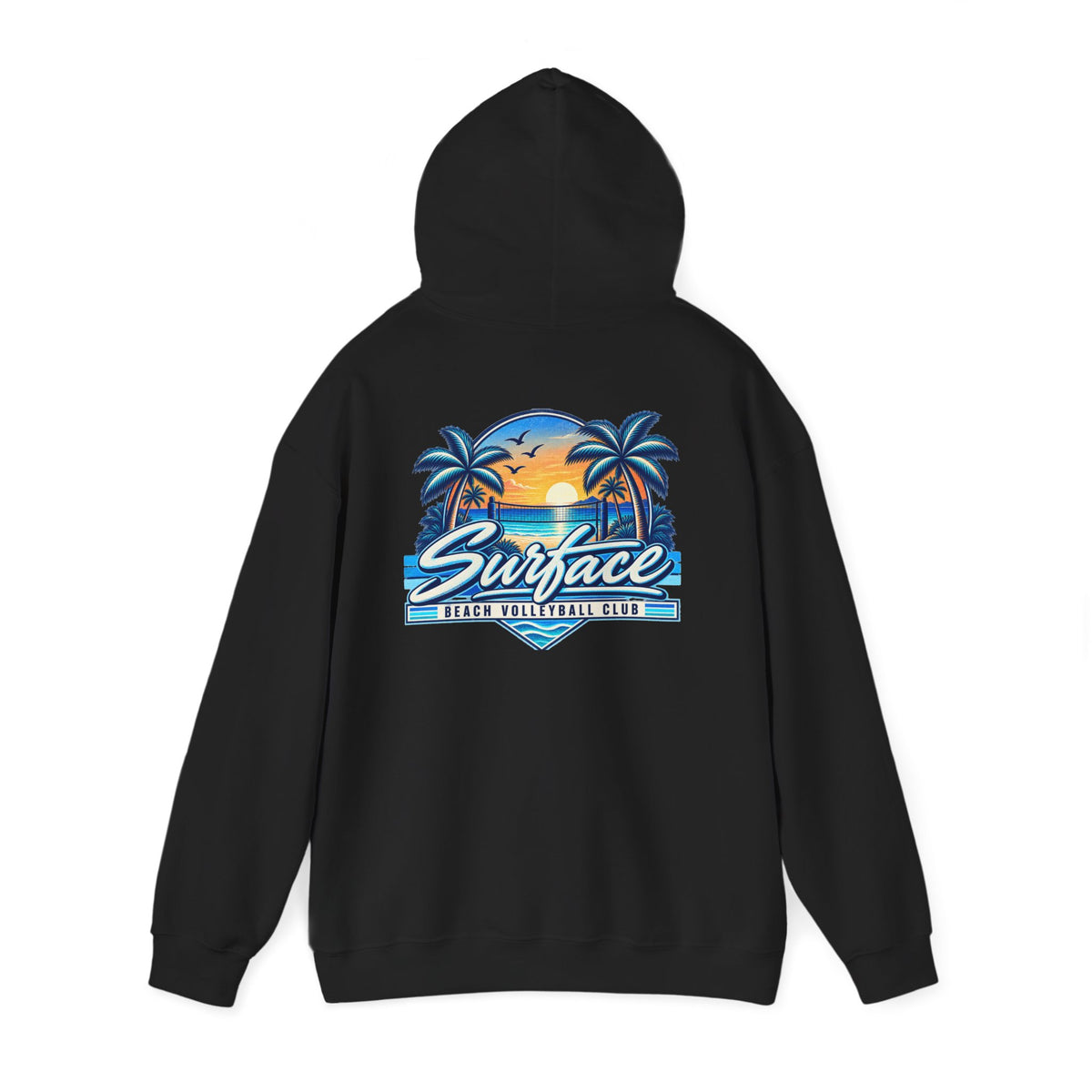 Surface Beach Club Hoodie — Retro Palm Sunset Surf Graphic