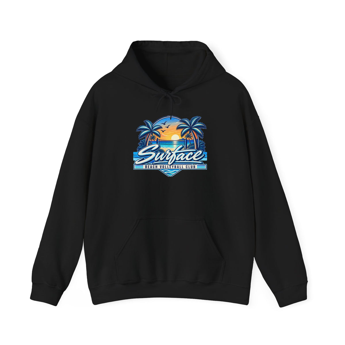 Surface Beach Club Hoodie — Retro Palm Sunset Surf Graphic