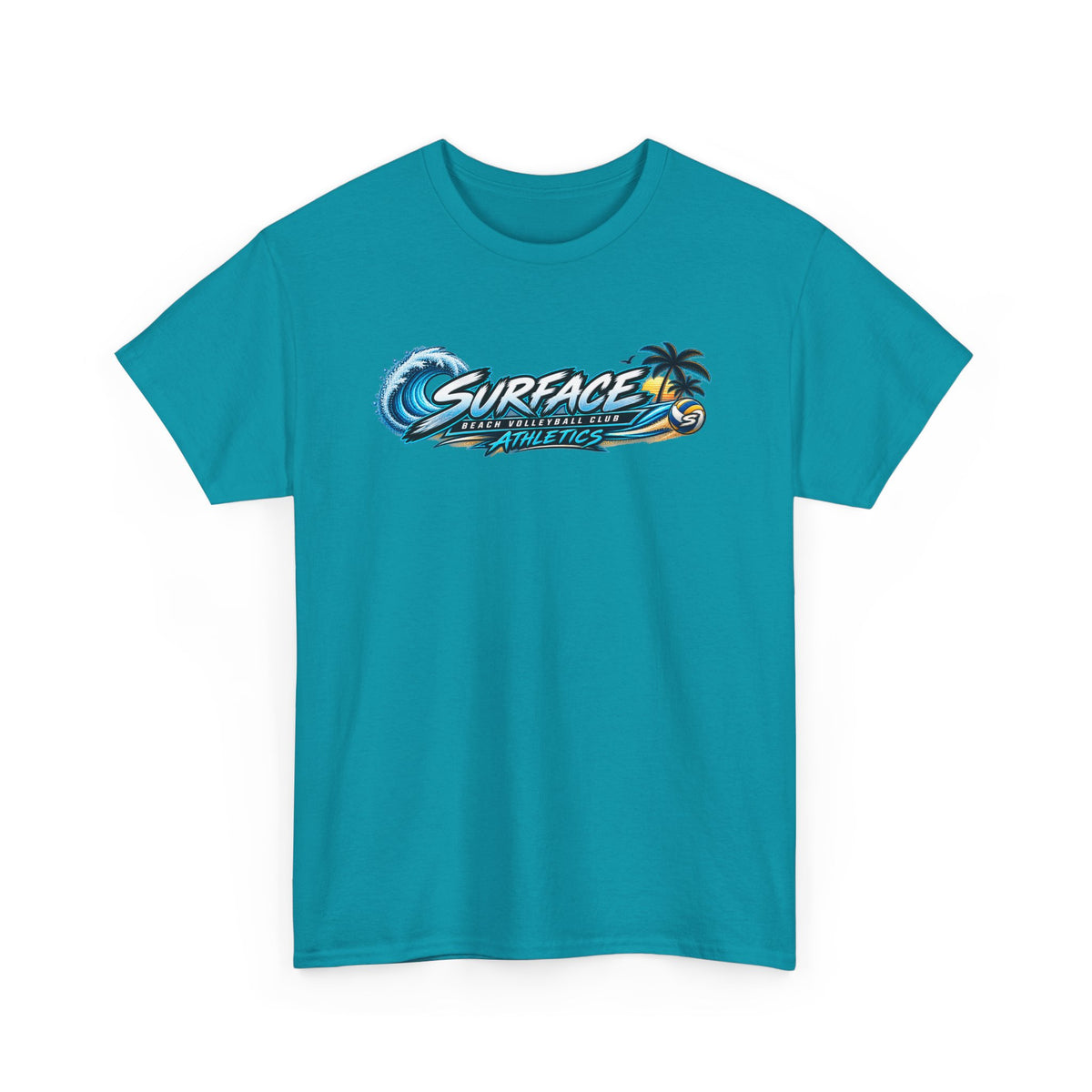 Surface Beach Volleyball Tee — Sunset Wave Palm Graphic T‑Shirt