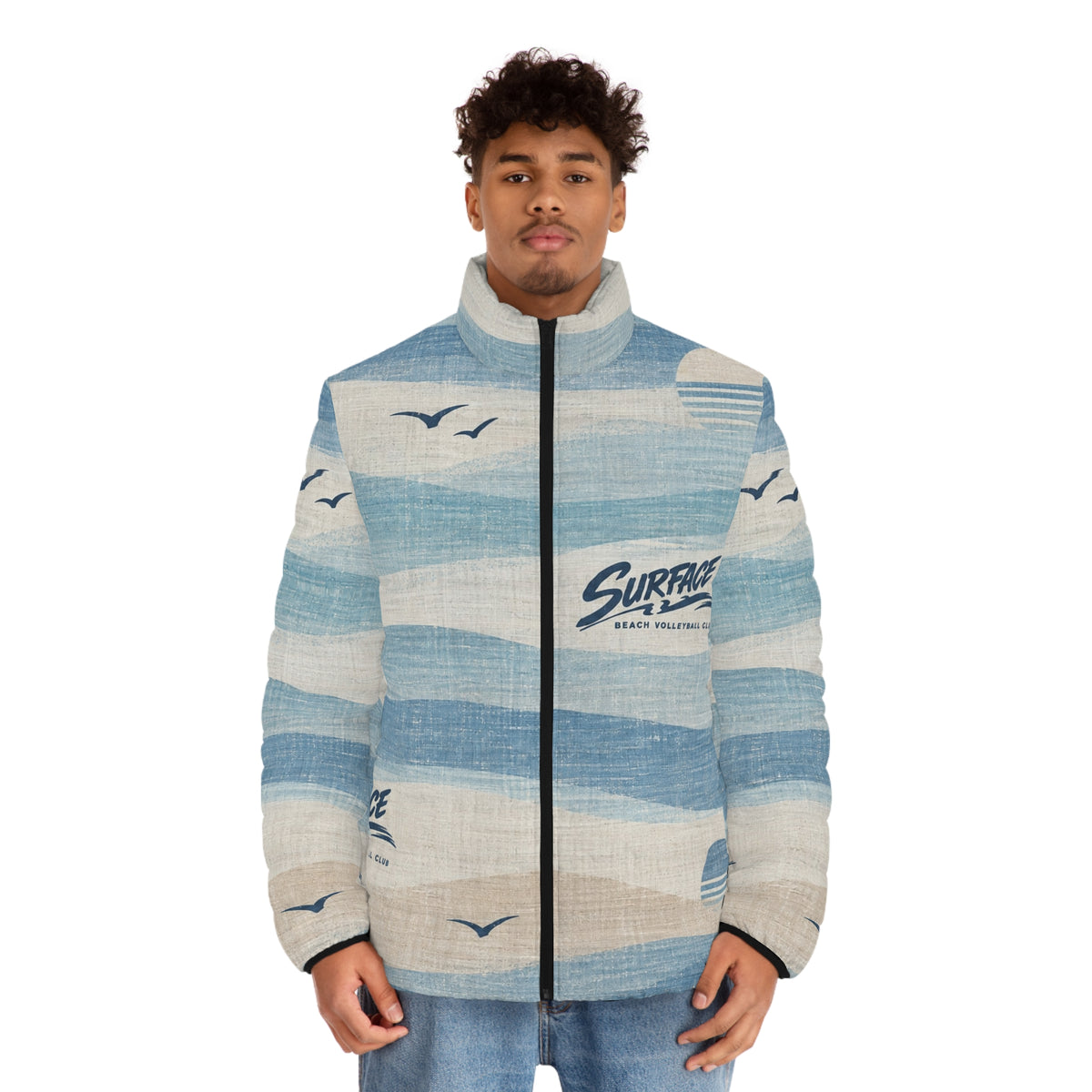 Surface Waves Puffer Jacket — Retro Coastal Blue All-Over Print