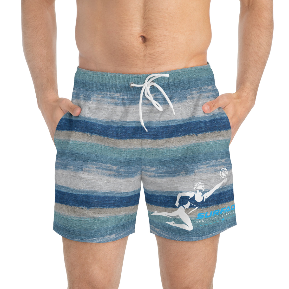 Striped Beach Volleyball Swim Trunks — Blue & Black All-Over Print
