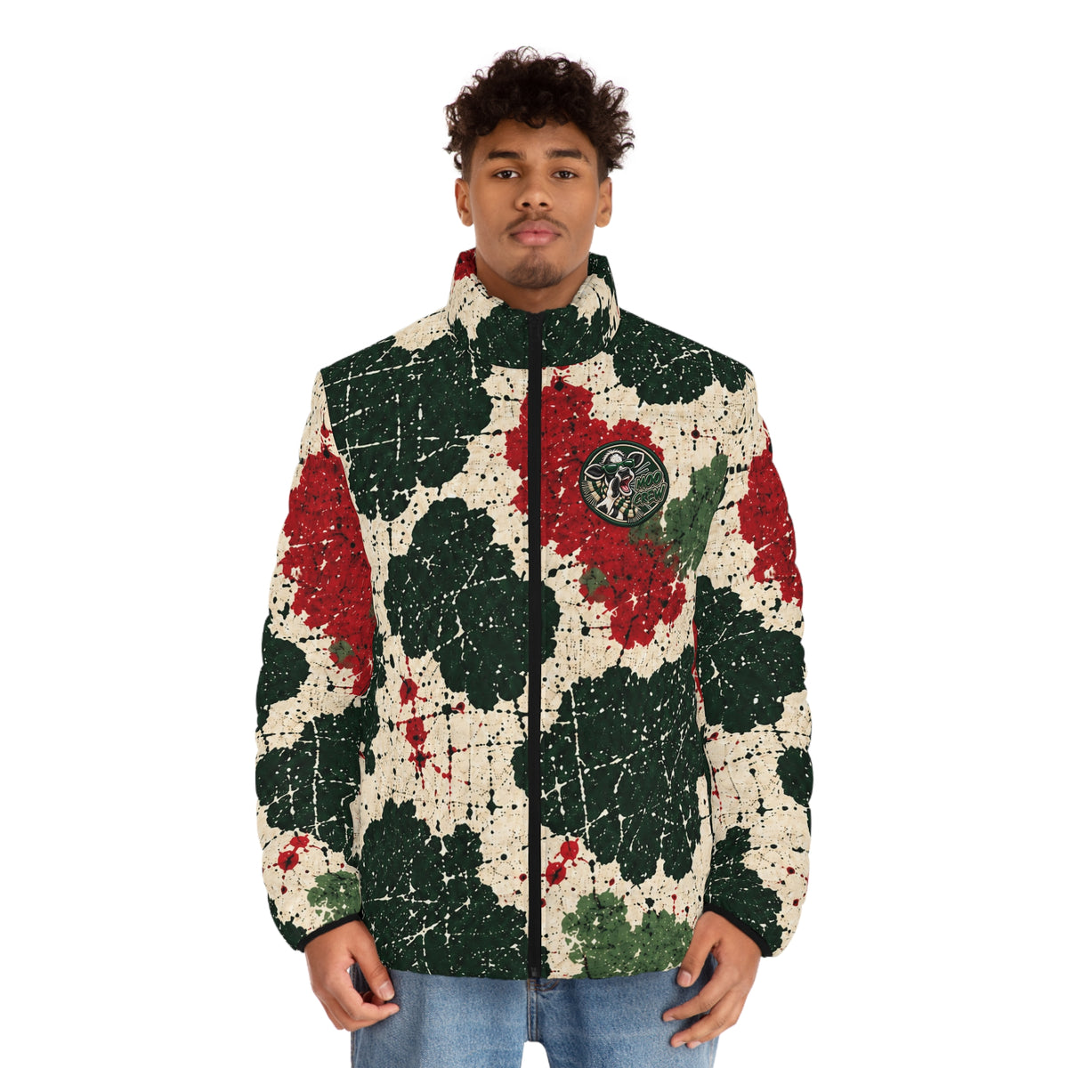 Moo Crew Calling The Herd WI Teams Men’s Puffer Jacket – Red, Black & Cream Holstein Print